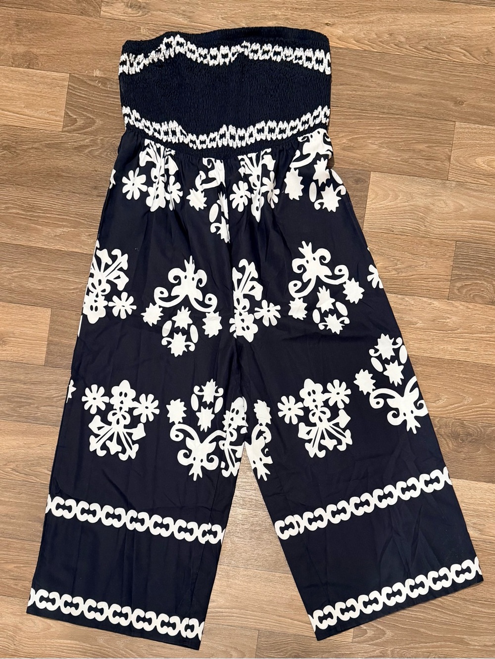 SHEIN Black & White Strapless Smocked Wide-Leg Jumpsuit